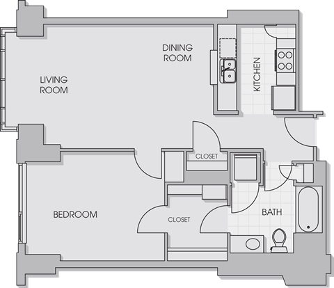 Floor plan for 1 bed, 1 bath